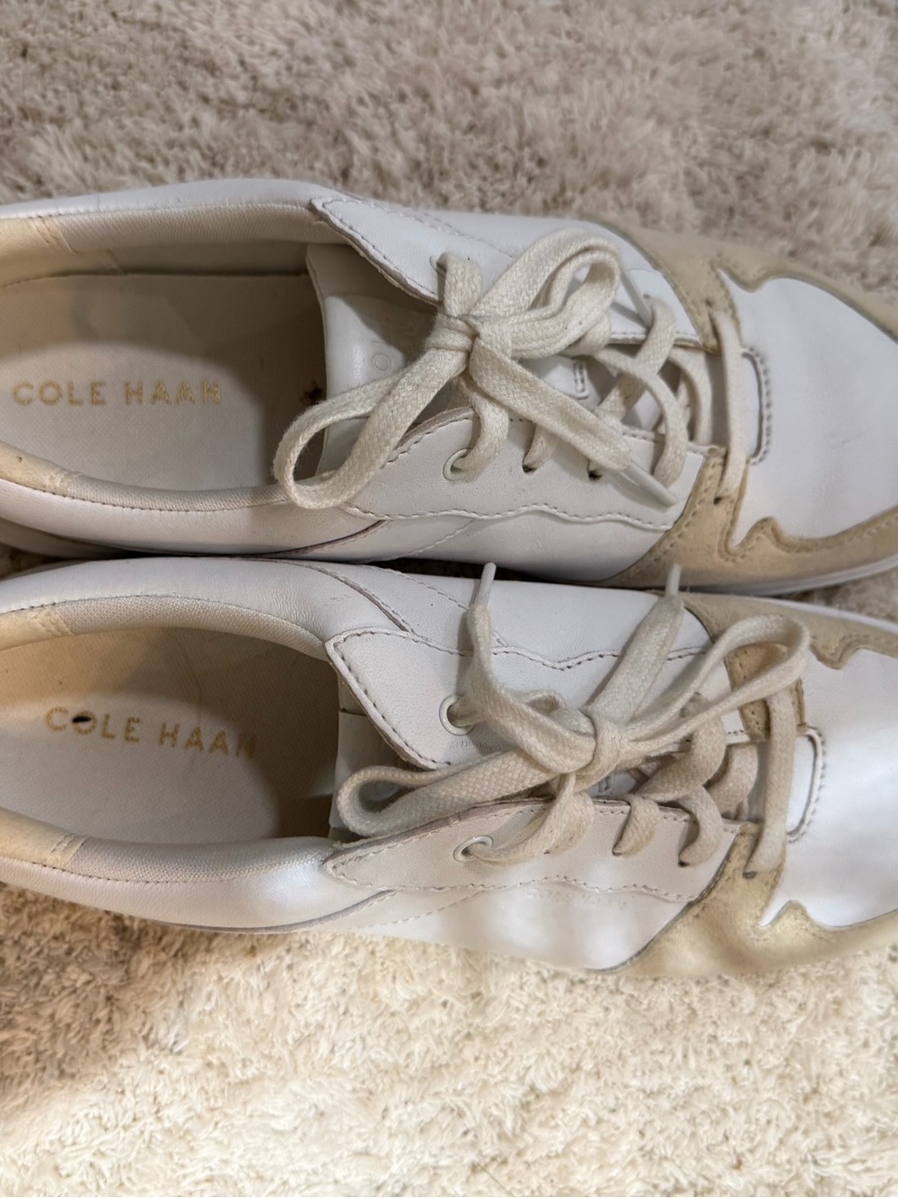 Cole Haan White and Beige Leather Lace-Up Athletic Sneakers